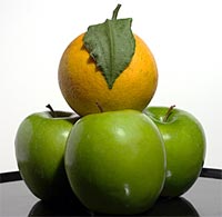 Enkele appels met daarop een sinaasappel. Bron: STOCKPHOTOGRAPHY.COM